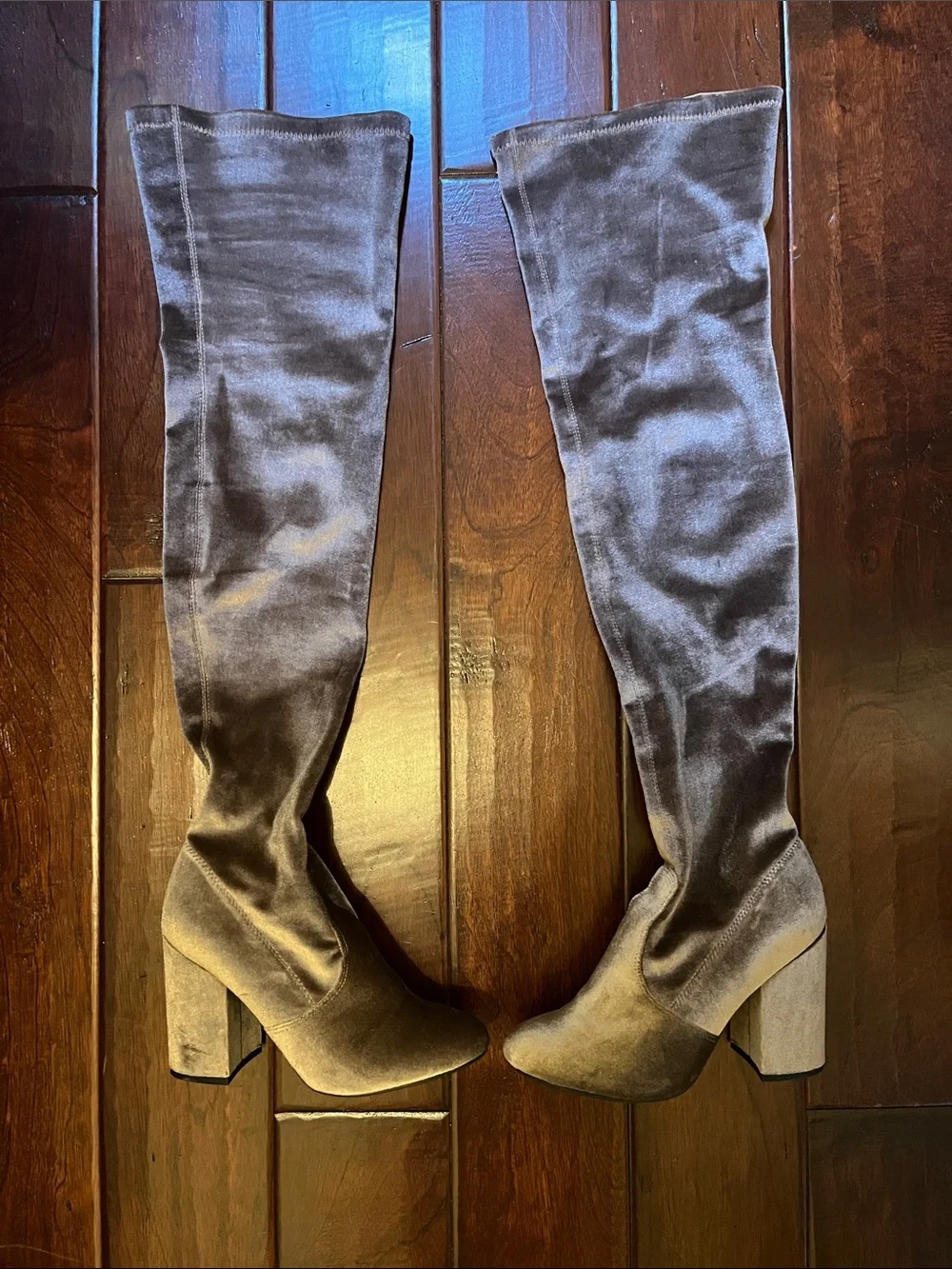 Steve Madden thigh high velvet boots taupe color size 8